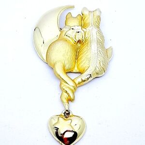 Cattails Gold Tone Vintage Pin Brooch by A.J.C. Cats Moon Heart Charm